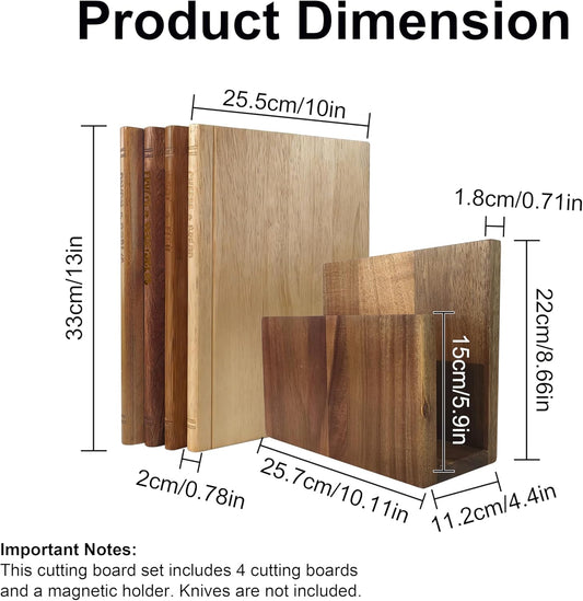4 Pcs Book Cutting Board Set With Magnetic Knife Holder,Non Toxic Book Wood Cutting Boards With Labels,Made Of Four Different Solid Woods,Chopping Board For Kitchen Decoration (No Knives)(4)