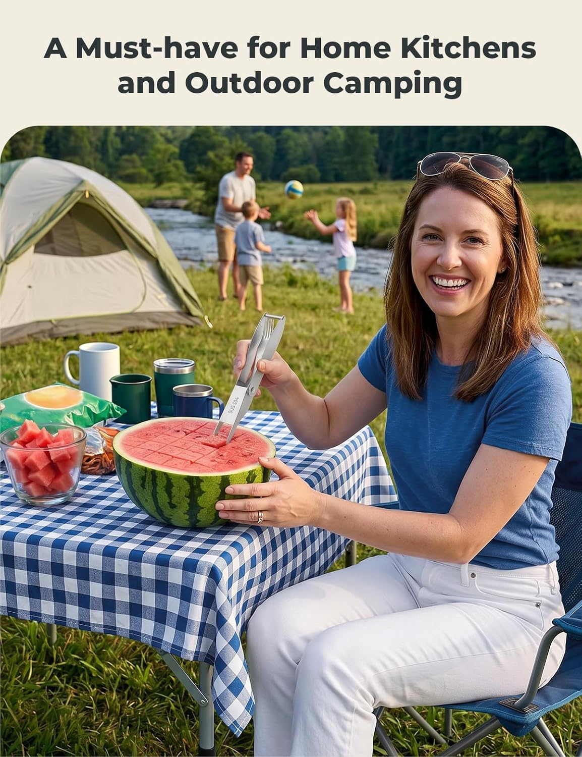 CripsTaste Watermelon Cutter with Retractable Fork, 2-in-1 Stainless Steel Fruit Cutter Watermelon Cutter Slicer Tool, Melon Slicer Cutter Tool for Home Party Camping Kitchen Gadget