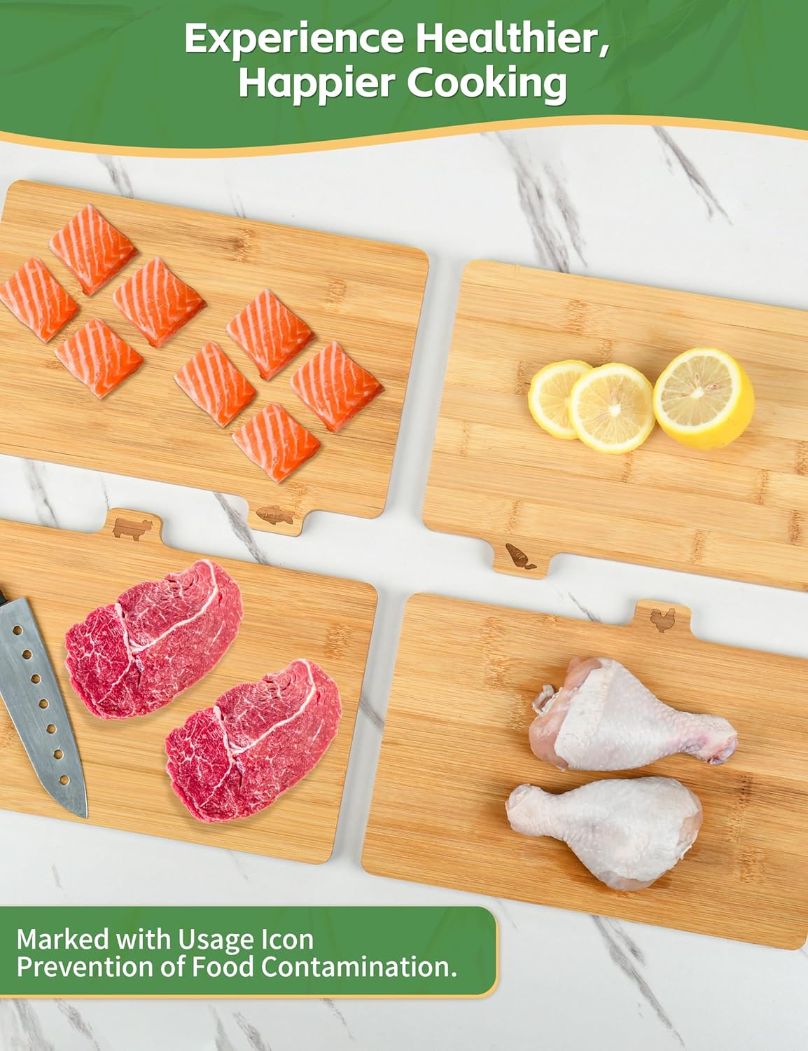 Bamboo Cutting Board Set with Meatal Stand, Lexda 4PCS Eco-Friendly Labeled Tabs Cutting Board, Durable Kitchen Cutting Boards For Chopping Fruit, Meat, Cheese, Veggies - 11" x 8"