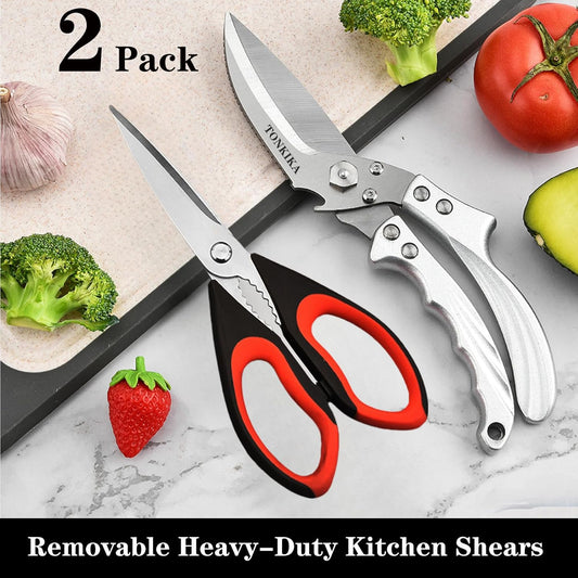 Heavy Duty Kitchen Shears, 2 Pack Detachable Poultry Scissors, Silver Black, Ambidextrous, Dishwasher Safe