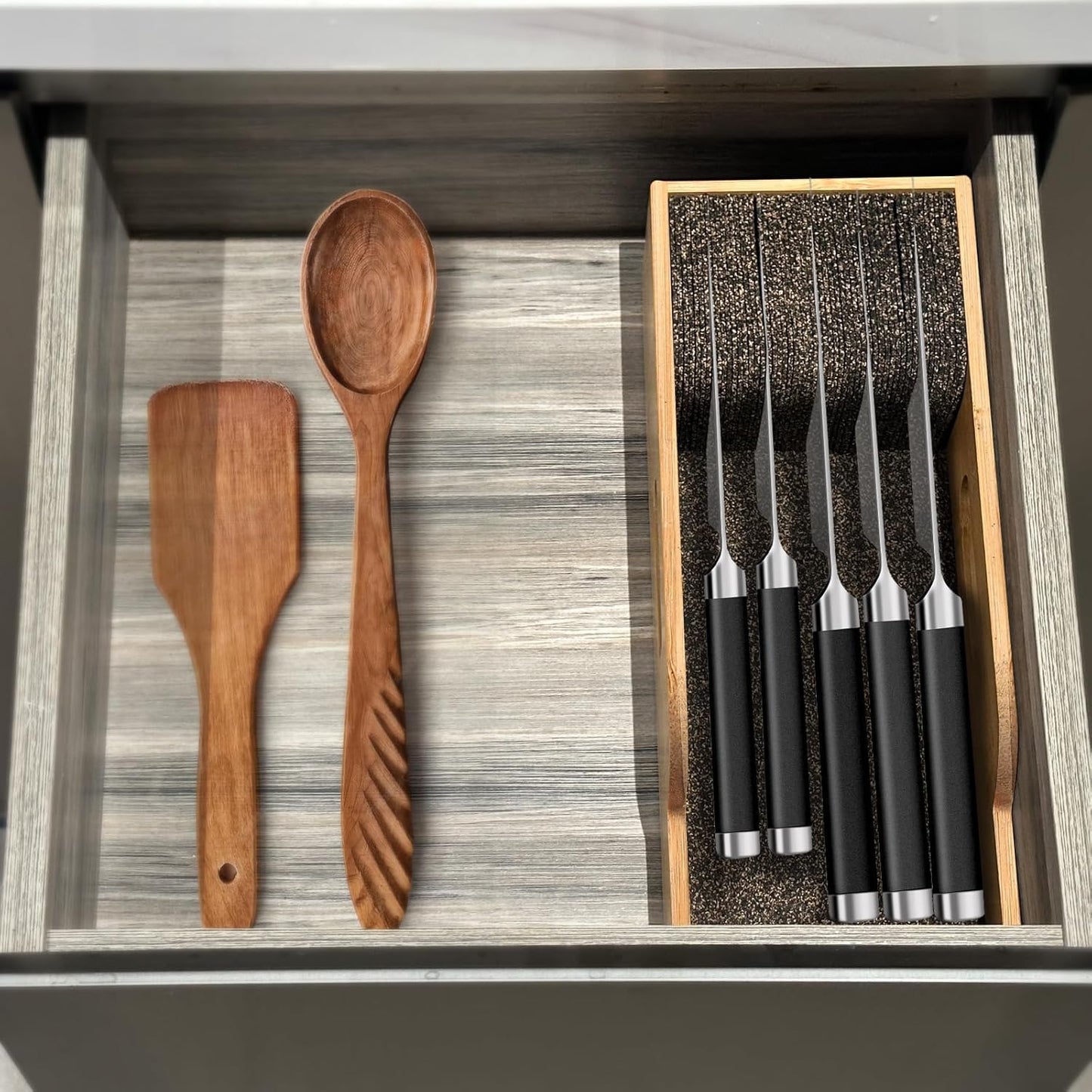 Bamboo Knife Drawer Organizer Insert Dock, Kitchen Steak Knives Organizer Storage for Any Chef