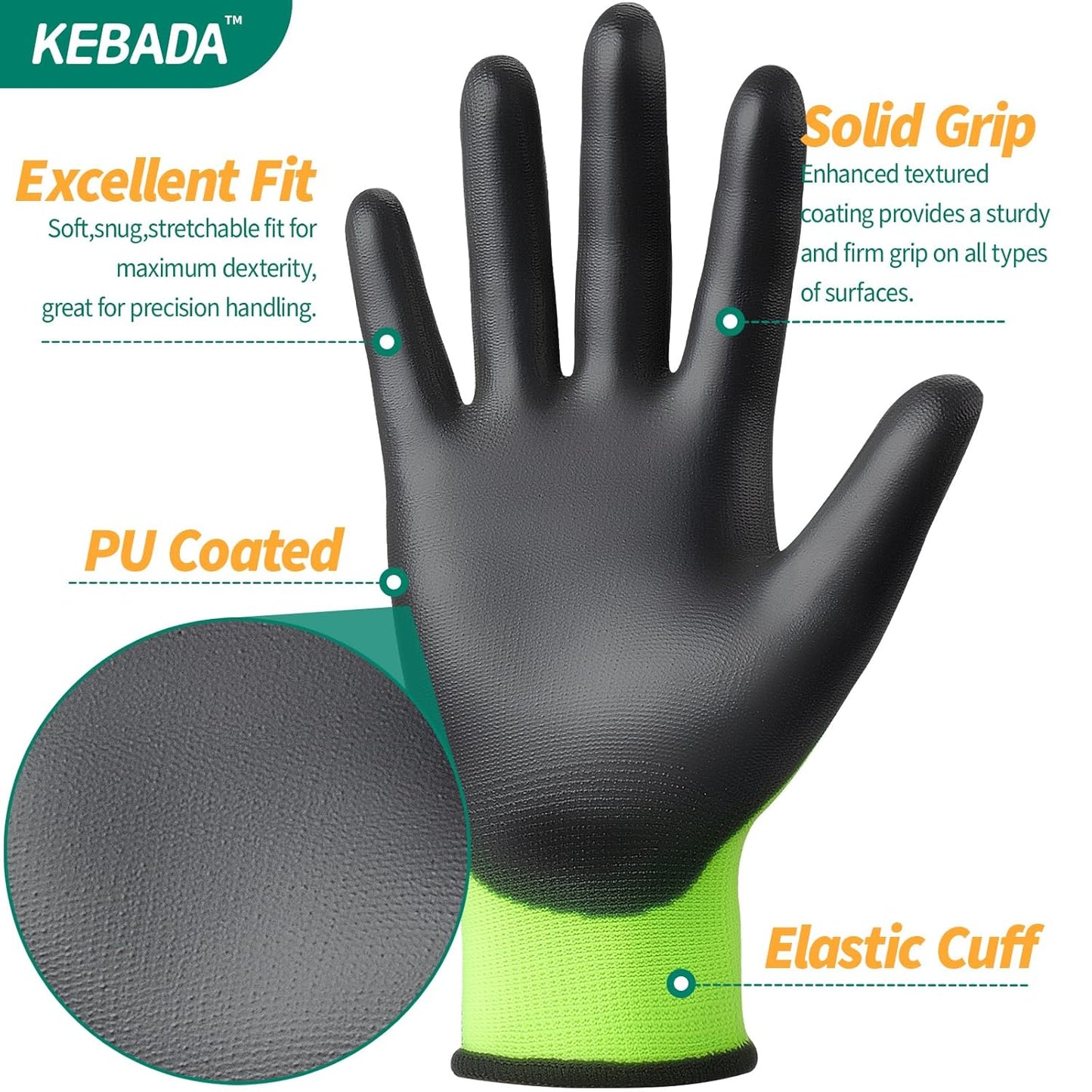 Kebada W1 Work Gloves for Men and Women, PU Coated Safety Gloves with Grip, Touchscreen, Ideal for Warehouse Package Handling, Construction, Gardening, 12 Pairs Gray Large