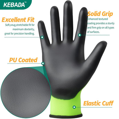 Kebada W1 Work Gloves for Men and Women, PU Coated Safety Gloves with Grip, Touchscreen, Ideal for Warehouse Package Handling, Construction, Gardening, 12 Pairs Gray Large