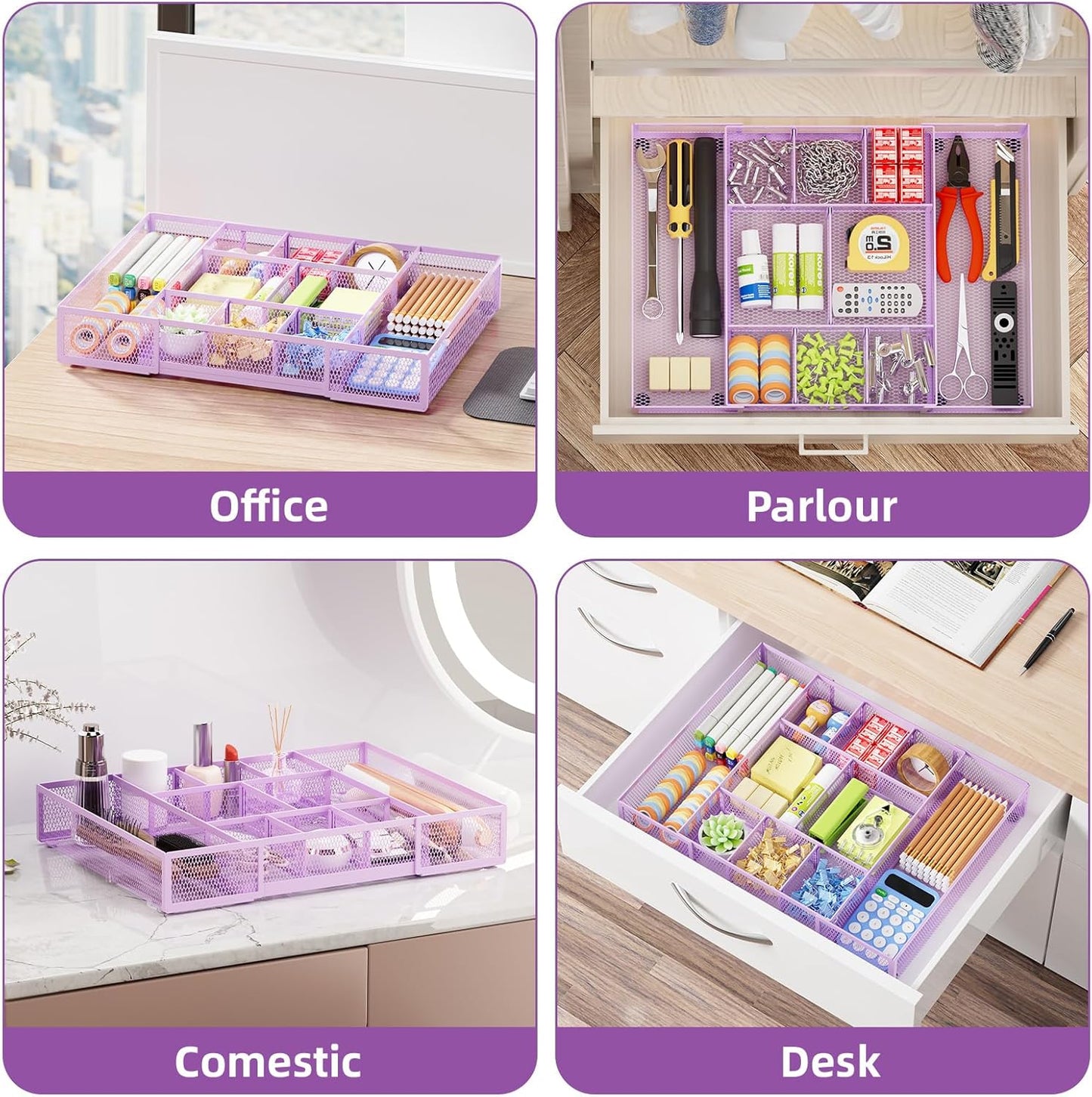 Marbrasse Expandable Desk Drawer Organizer, Mesh Drawer Organizer Tray with 10 Adjustable Compartments, Desk Organizers and Accessories for Office Supplies, Makeup & Vanity (Expandable White-2 pack)