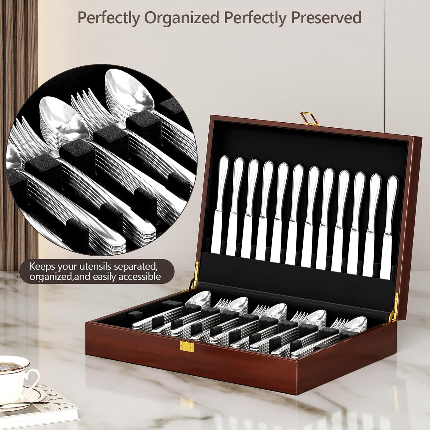 Solid Walnut Silverware Storage Box, 2-Layer Silverware Chest with Drawer, Flatware Case with Lid and Felt Lined, Wood Flatware Storage Box Holds 12-16 Sets of Utensils, Wedding Housewarming Gifts