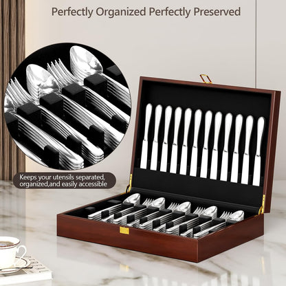 Solid Walnut Silverware Storage Box, 2-Layer Silverware Chest with Drawer, Flatware Case with Lid and Felt Lined, Wood Flatware Storage Box Holds 12-16 Sets of Utensils, Wedding Housewarming Gifts