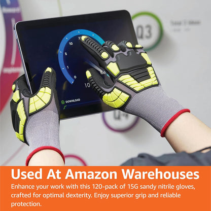 Amazon Basics Safety Work Gloves, Cut Level A1, Abrasion ANSI Level A4, Impact Resistant, Touch Screen Friendly, 15G Sandy Nitrile Palm, Yellow, Size X-Small, Pack of 120 Pairs