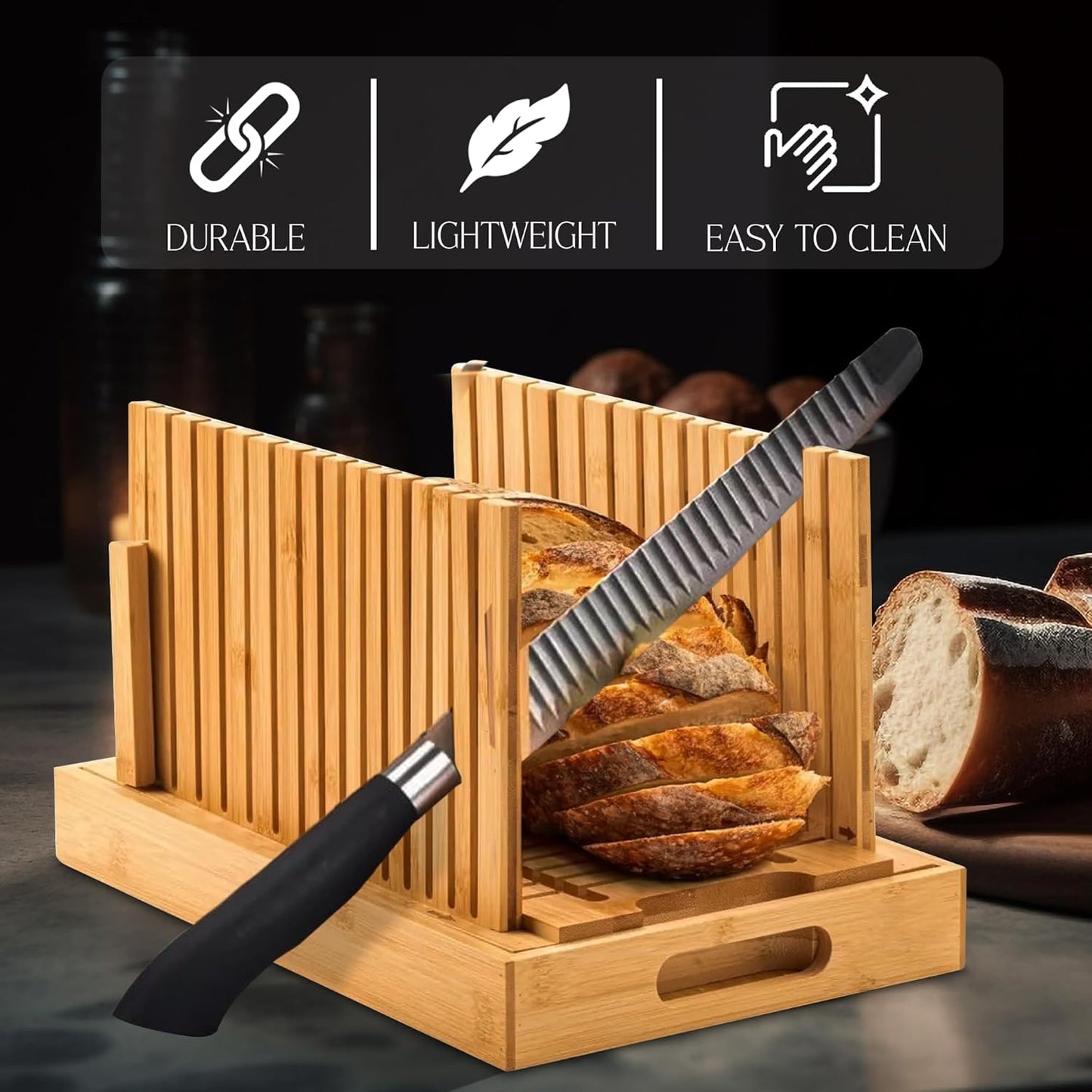 Bamboo Bread Slicer with High-Grade Stainless Steel Knife – Adjustable Wooden Bread Cutter Guide with Crumb Tray, Brush & Pouch | Manual Bread Slicer for Homemade Bread, Sourdough, Loaf, Cakes