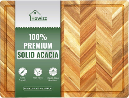 Howizz Acacia Wood Large Cutting Board, Thick End Grain Solid Wood Butcher Block For Kitchen, Non Toxic Pre-Oiled Carving Tray w/Juice Grooves and Easy Grip Handle, 20"x15"x1" (Gift-Ready Box)