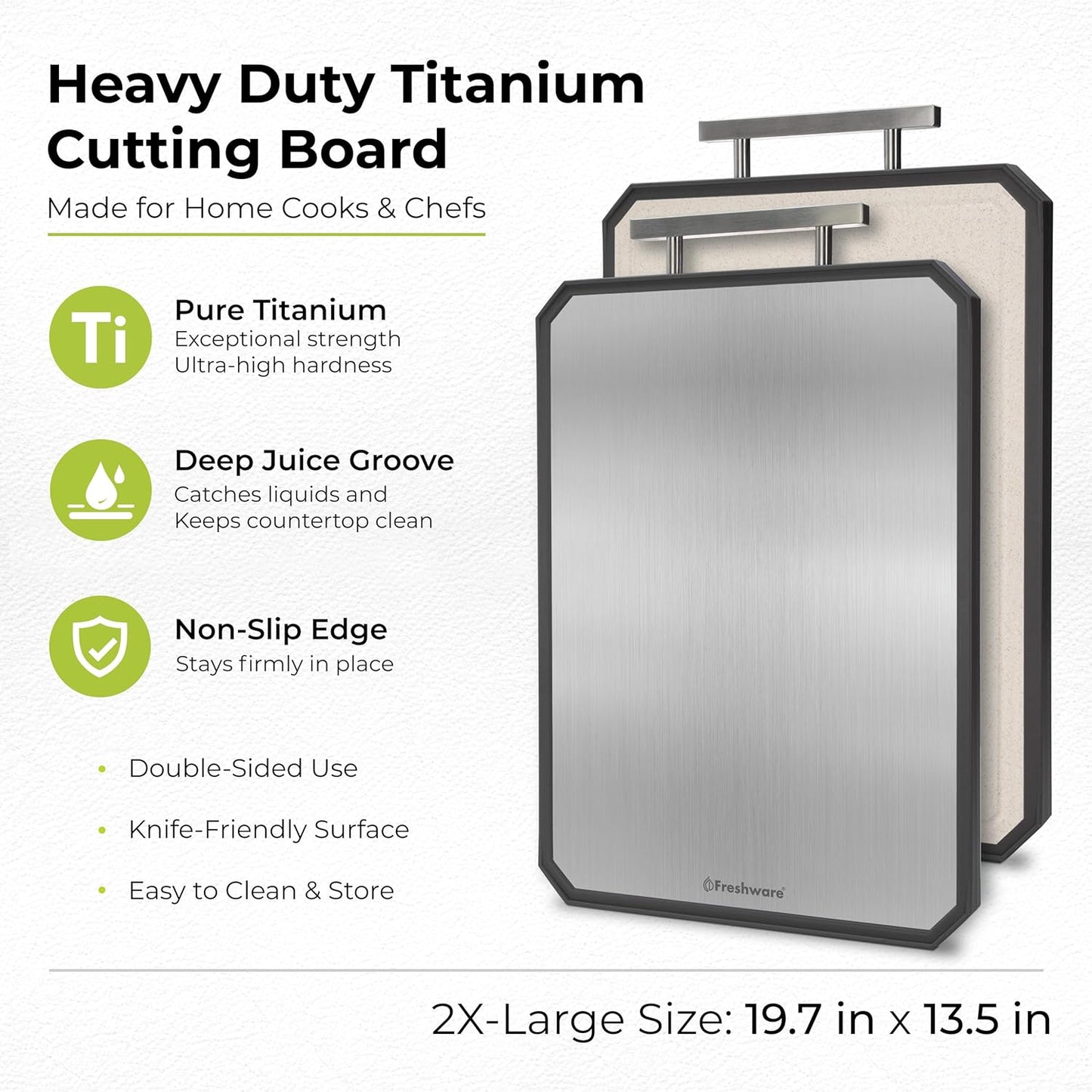 Freshware Titanium Cutting Board for Kitchen, Set of 2, Double Sided Cutting Boards, Pure Titanium/PP, Chopping Board with Juice Grooves, Dishwasher Safe, Medium 12.1" by 8.3" and Large 16.2" by 11"