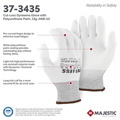 Majestic Cut-Less Dyneema Glove with Polyurethane Palm | 1 Pair - LG | 13 Gauge Liner, ANSI A3, Lightweight Comfort, Breathable, White/White | for Automotive, Industrial, Manufacturing | 37-3435