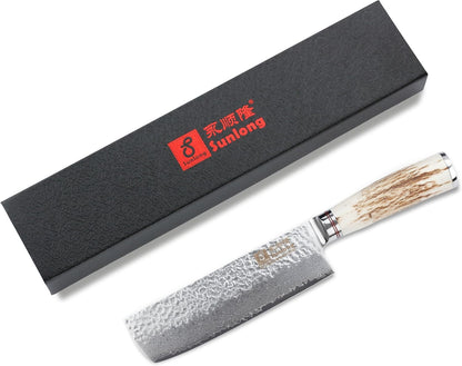 SUNLONG Usuba & Nakiri Knife 6.5 inch Fruit and Vegetable Knife Japanese Hammered Damascus Steel Super sharp - Natural Deer Horn Handle