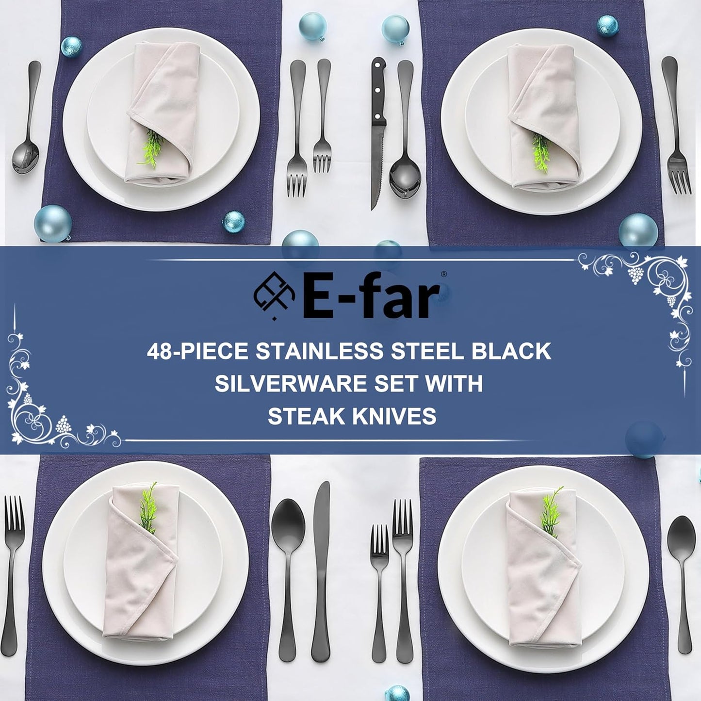 E-far Black Silverware Set with Organizer, 49-Piece Stainless Steel Flatware Cutlery Set for 8 with Tray and Steak Knives, Kitchen Metal Eating Utensils Tableware Sets, Mirror Polished & Rust Proof