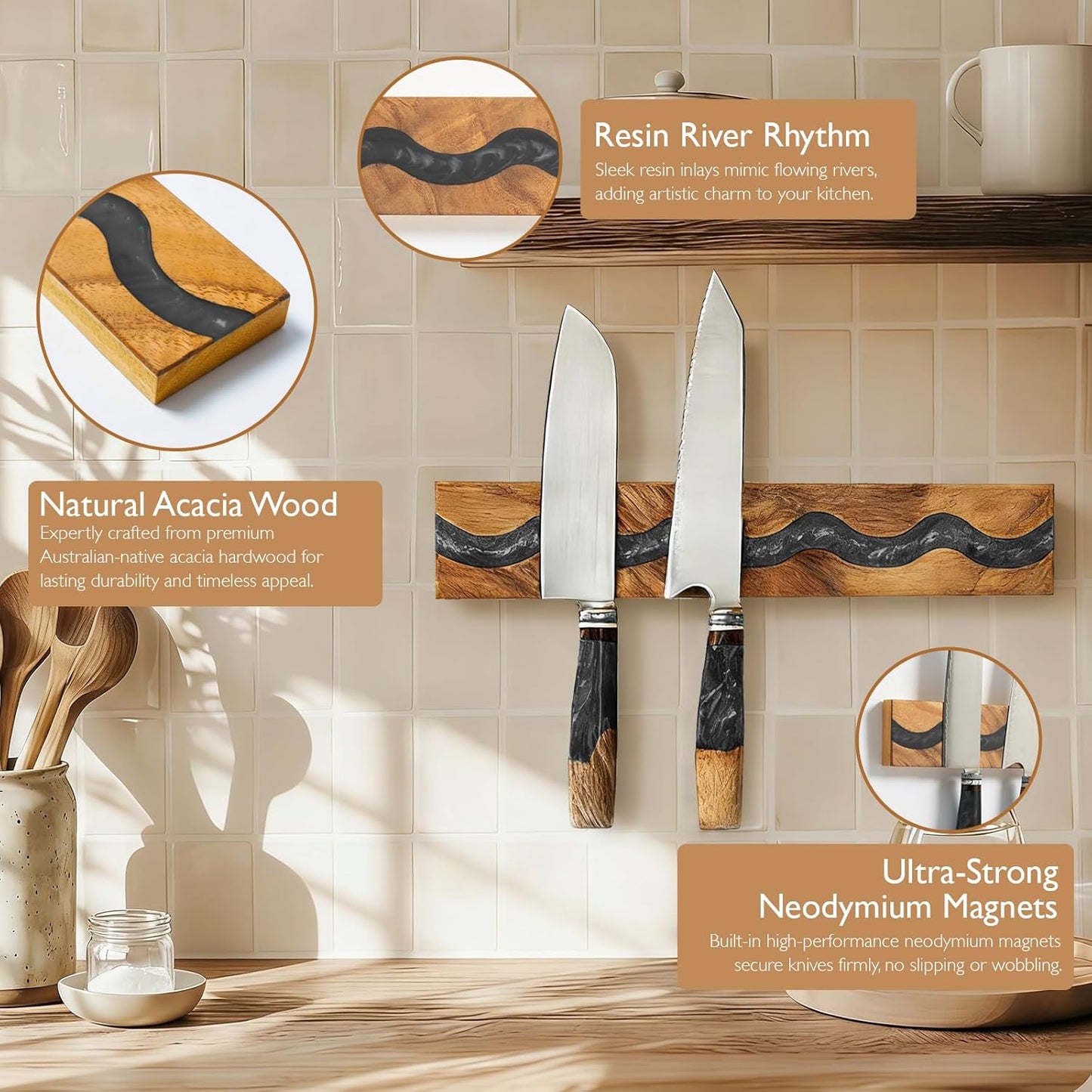 Magnetic Knife Holder, 15.7 Inch Walnut Wood and Resin Magnetic Knife Bar for Wall, Heavy Duty Magnet Holds 8 Knives, Handcrafted Ocean Blue (Ocean's Embrace)