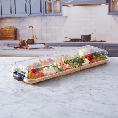 Farberware Build-A-Board Bamboo Cutting Board with Single Storage Compartment, Clear Locking Lid, Black Handles, Perfect for Charcuterie & Snacks