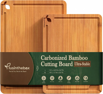 Cutting Boards for Kitchen, Bamboo Cutting Board Set of 3 with Storage Stand, Deep Carbonized Chopping Boards with Deep Juice Grooves and Side Handles for Meat, Vegetables, Fruit and Meal Prep