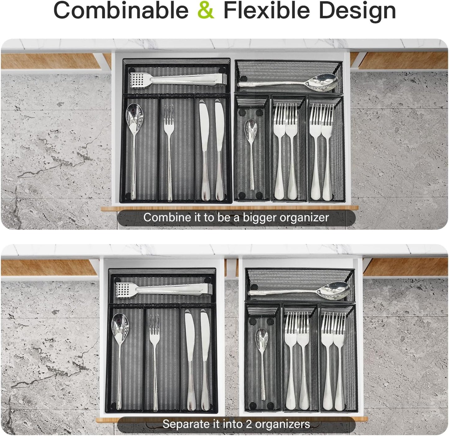 Neudeco Silverware Organizer,Mesh Drawer Organizer for Kitchen，Metal Utensil Organizer for Flatware, Knives, Spoons,Cosmetic (Silver 9 * 3 * 2 inch Pack6)
