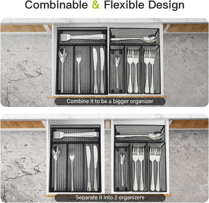 Neudeco Silverware Organizer,Mesh Drawer Organizer for Kitchen，Metal Utensil Organizer for Flatware, Knives, Spoons,Cosmetic (Silver 9 * 3 * 2 inch Pack6)