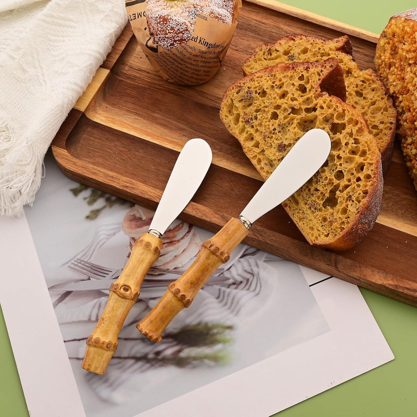 12 Pcs Cheese Spreader Knives, Stainless Steel Butter Spreader with Bamboo Handle, Kitchen Use Butter Knives Set, For Sandwich Cream Jam Bread Cake Condiment, 6.3 inch