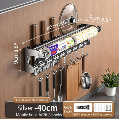 Hanging Wall Mount knife Wall Mount, Space-Saving Knife Rack with Hooks, Kitchen Organizer Storage Shelf for Utensils Spatula Spoon, Kitchen Utensil Hanger (Silver, 50CM+10Hooks)