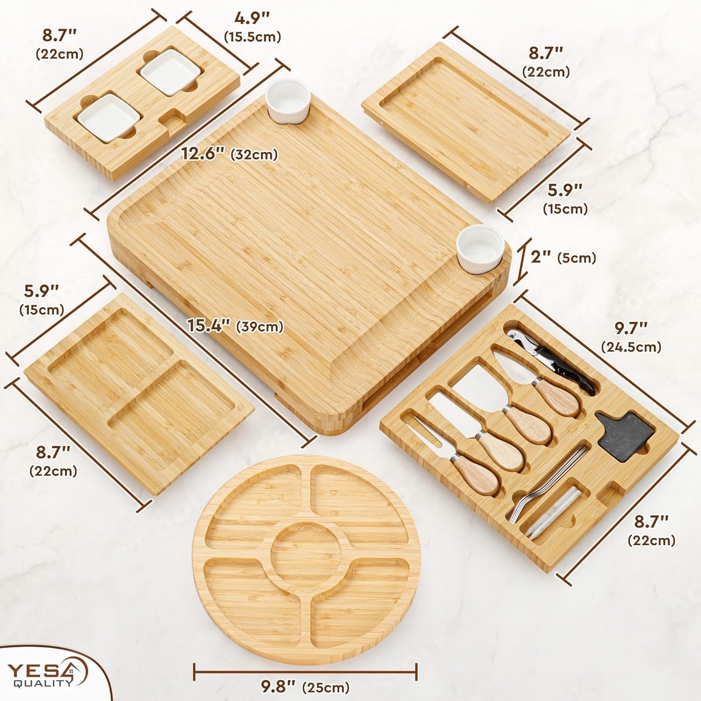 Charcuterie Boards Deluxe Gift Set - 15 Pieces, Bamboo - Large Cheese Board Plus Fruit Tray w/Magnetic Cheese Knives Holder for Mother's Day Present, Birthday, Housewarming, Wedding Shower Gifts