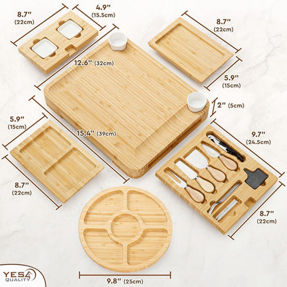 Charcuterie Boards Deluxe Gift Set - 15 Pieces, Bamboo - Large Cheese Board Plus Fruit Tray w/Magnetic Cheese Knives Holder for Mother's Day Present, Birthday, Housewarming, Wedding Shower Gifts
