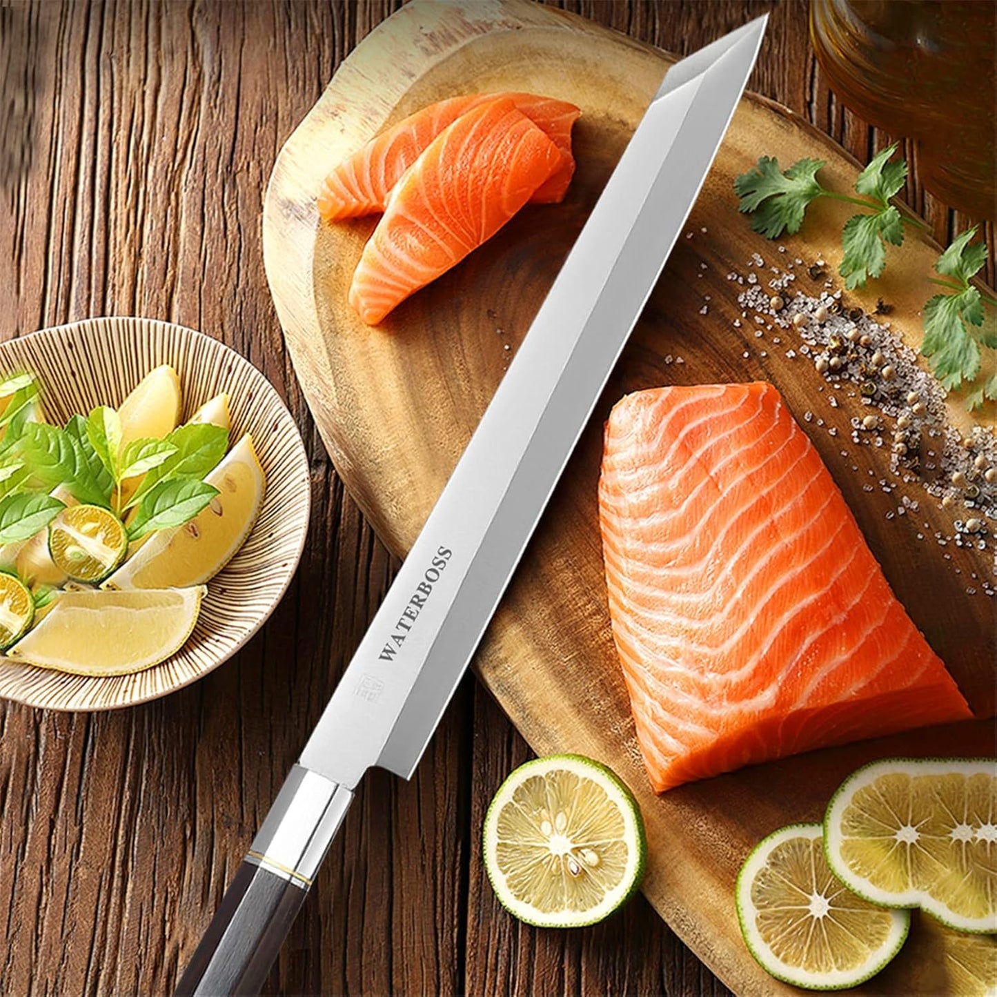 Waterboss,Japanese Sushi Chef Knife Salmon Knife Slicer Razor Sharp Sashimi Watermelon Knives, 5Cr15mov Stainless Steel Sashimi Yanagiba Knife, Maple Handle, 11.8inch (300mm)