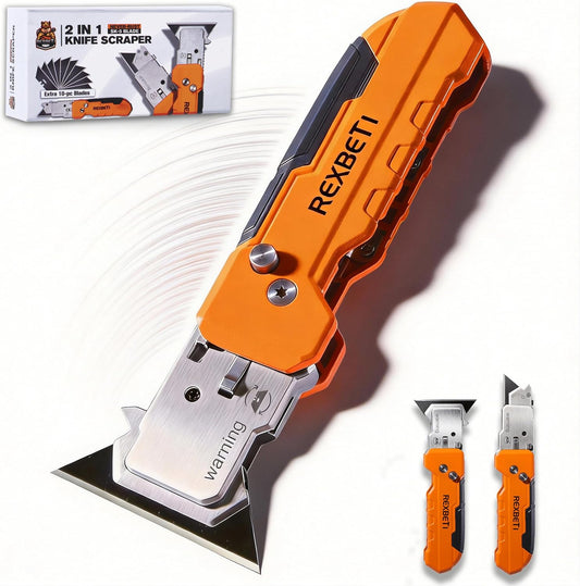 REXBETI 2-in-1 Folding Utility Knife and Scraper, Heavy-Duty Zinc Alloy Construction, Built-In Blade Storage,Retractable Blade with Safety Lock,Includes 13 SK5 Black Replacement Blades（1 pack）