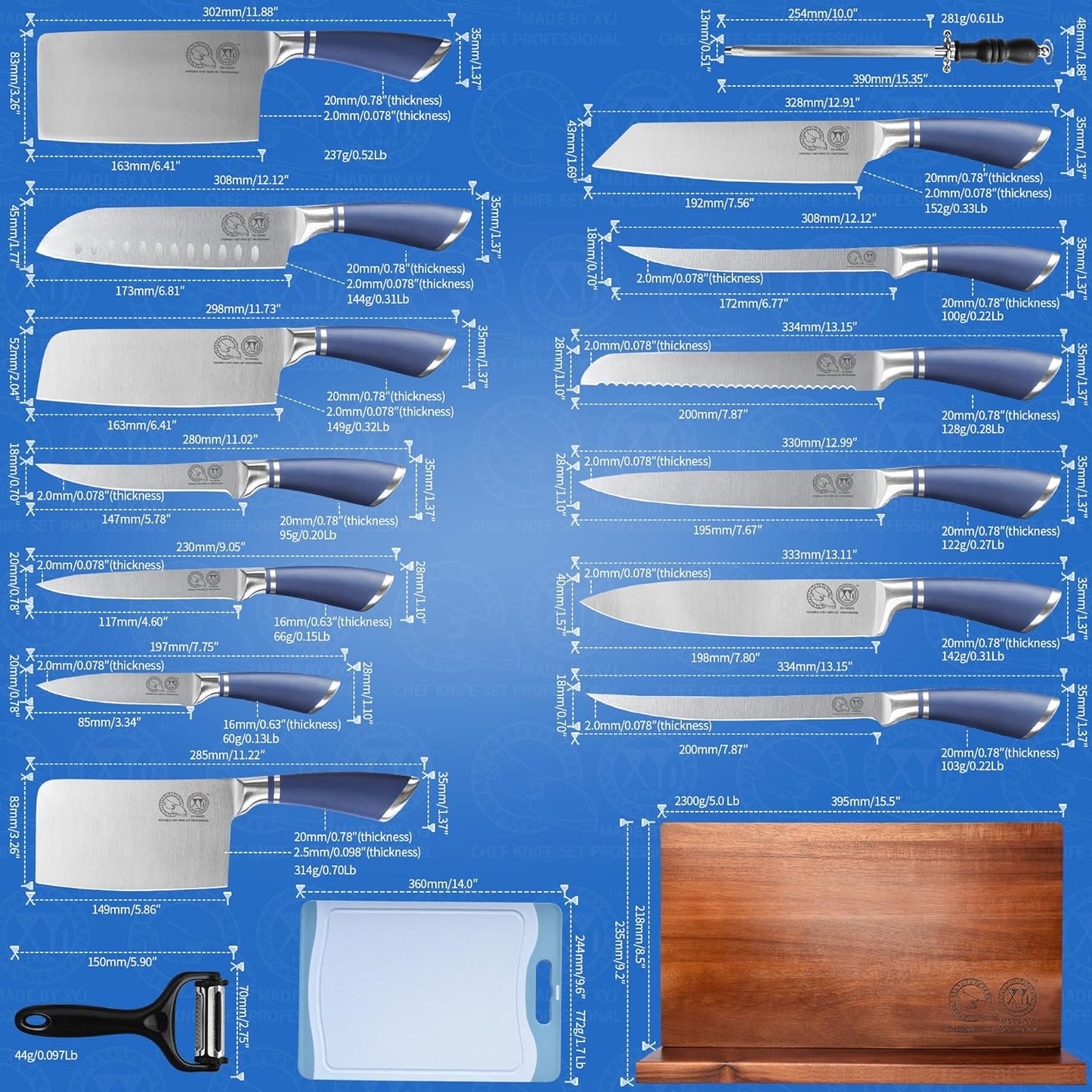 XYJ Professional Knife Sets for Master Chefs,Meat Cleaver Butcher for Camping,Chef Knife Set with Magnetic Knife Block,Stainless Steel Kitchen Knives Tools Kit