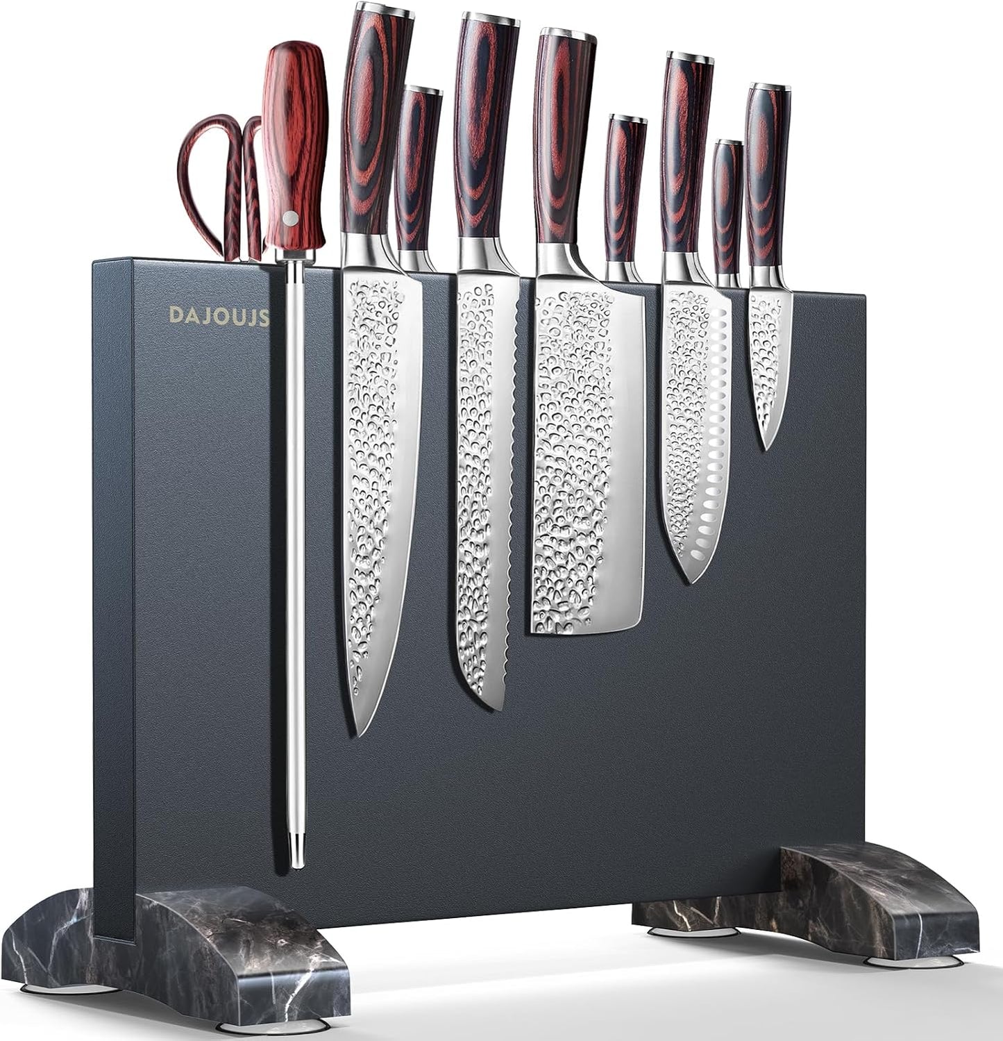 Magnetic Knife Holder, Stainless Steel Magnetic Knife Block without Knives, Strong Double Sided Magnet Knife Storage Strip with Wood Base for Kitchen Counter-Silver