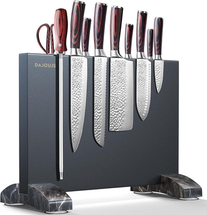Magnetic Knife Holder, Stainless Steel Magnetic Knife Block without Knives, Strong Double Sided Magnet Knife Storage Strip with Wood Base for Kitchen Counter-Silver