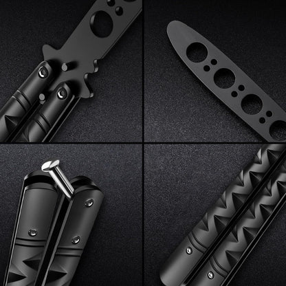 GOOD WORKER Butterfly Knife - Balisong Trainer - Black Practice Butterfly Trainer with Sure Spring Latch - Balisong Knives NOT Real NOT Sharp Blade - Full Stainless Steel Fake Dull Trick