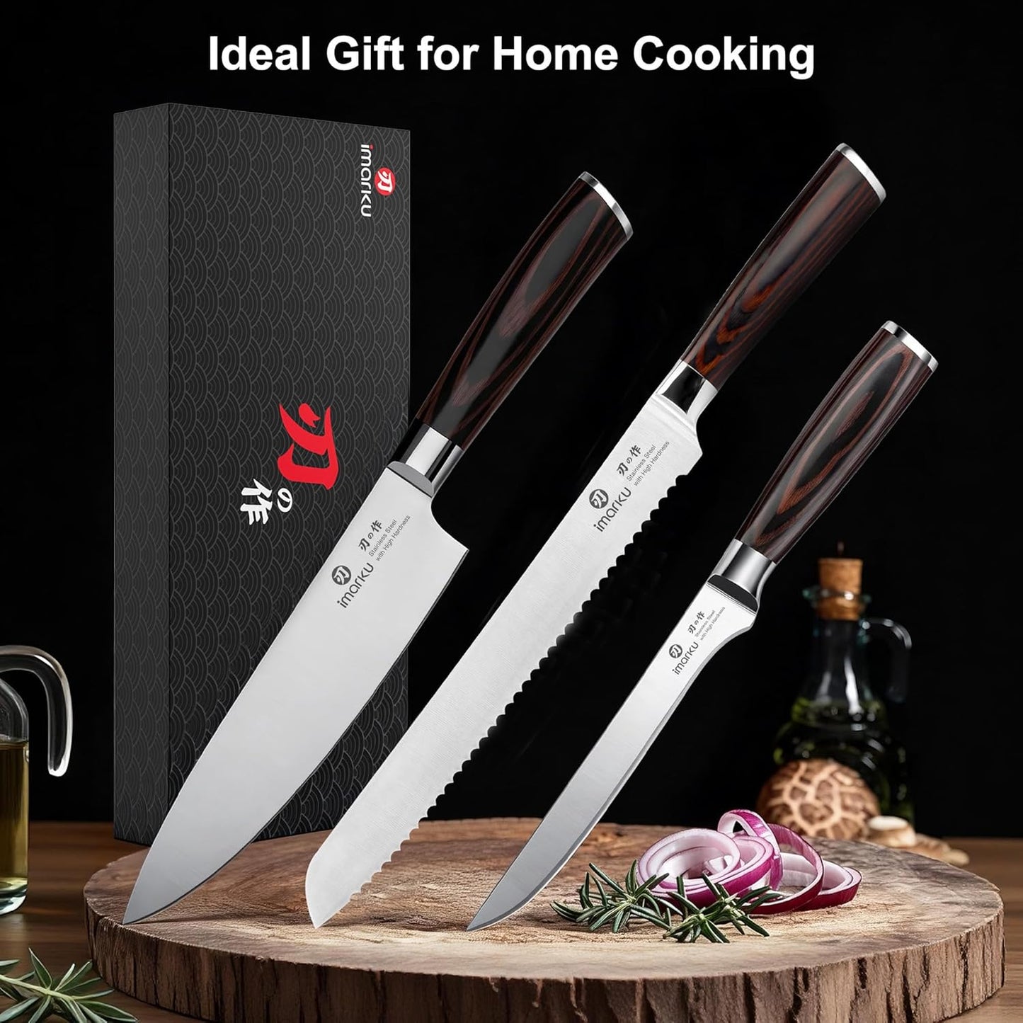 imarku 3 Pieces Knife set, Japanese HC Stainless Steel Kitchen Knife Set, Professional Chef Knife Set With Ergonomic Pakkawood Handle, Ultra Sharp Knives Set for Kitchen & Home Cooking, Gifts Box