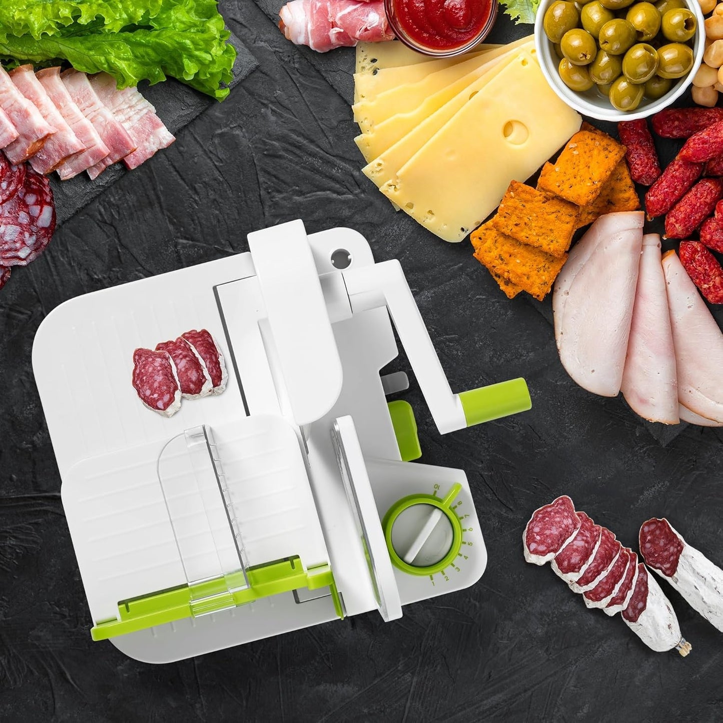 Starfrit Deli Slicer, Slices Meat, Cheese, Bread, 6.5" Stainless Steel Blade, Adjustable Thickness Knob, Nestable for Easy Storage, 2-in-1 Fruit and Vegetable