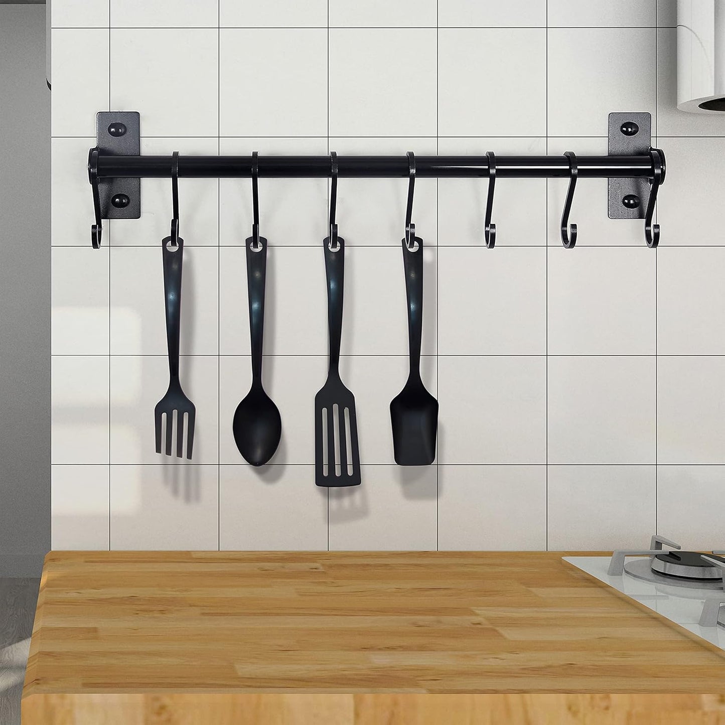 Dseap Kitchen Utensil Holder Hanger, Pot and Pan Rack Wall Mounted, Kitchen Rail with 8 Hooks for Hanging Cooking Utensils, Mugs, Spoons, Wall Mounted, Silver