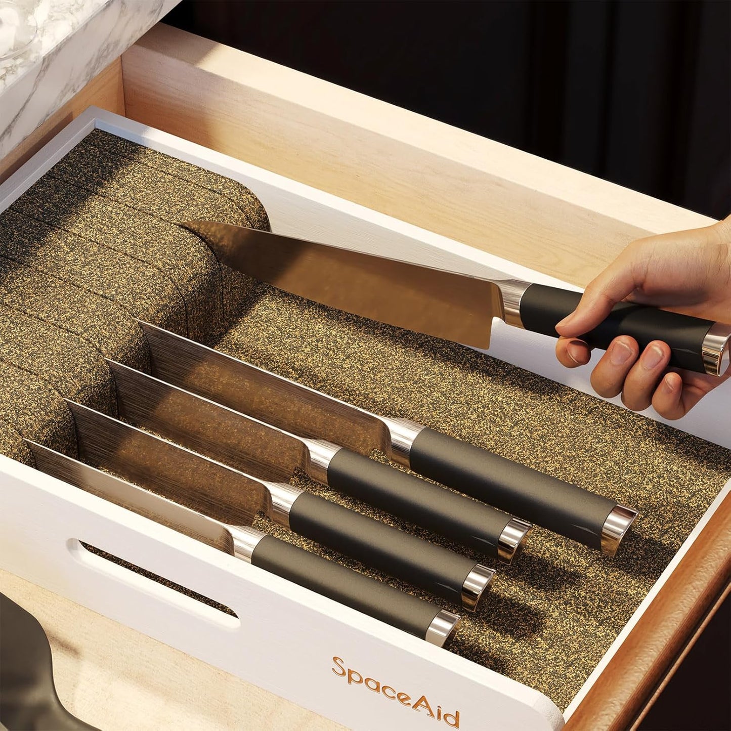 SpaceAid Knife Drawer Organizer 9 inches Wide Bamboo Insert Dock, Kitchen Steak Knives Holder Organizers Block for Drawer in Storage Organization (Medium, Natural)