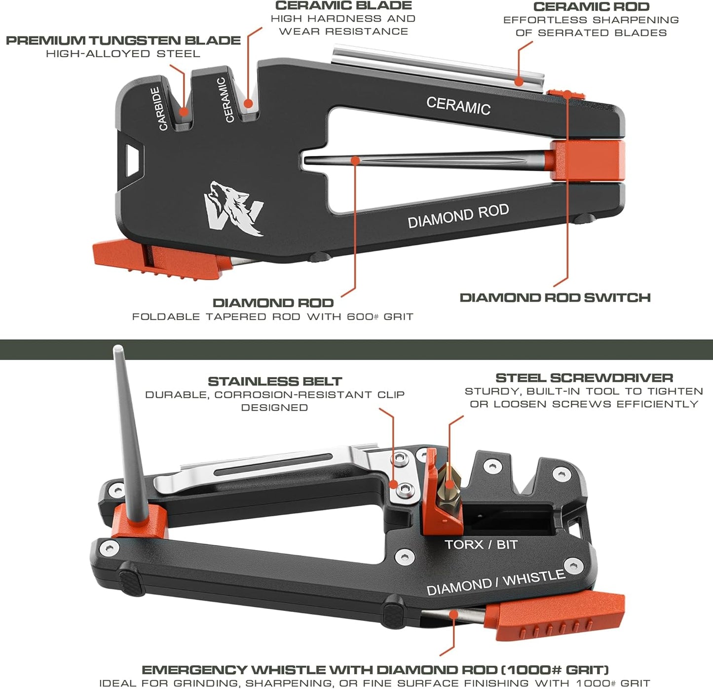 ODENWOLF Blade Professor - Pocket Knife Sharpener - 7 in 1 Portable Handheld Tool with Tungsten Ceramic and Diamond Rods - Compact Portable Knife Sharpener for Hunting, Camping and EDC