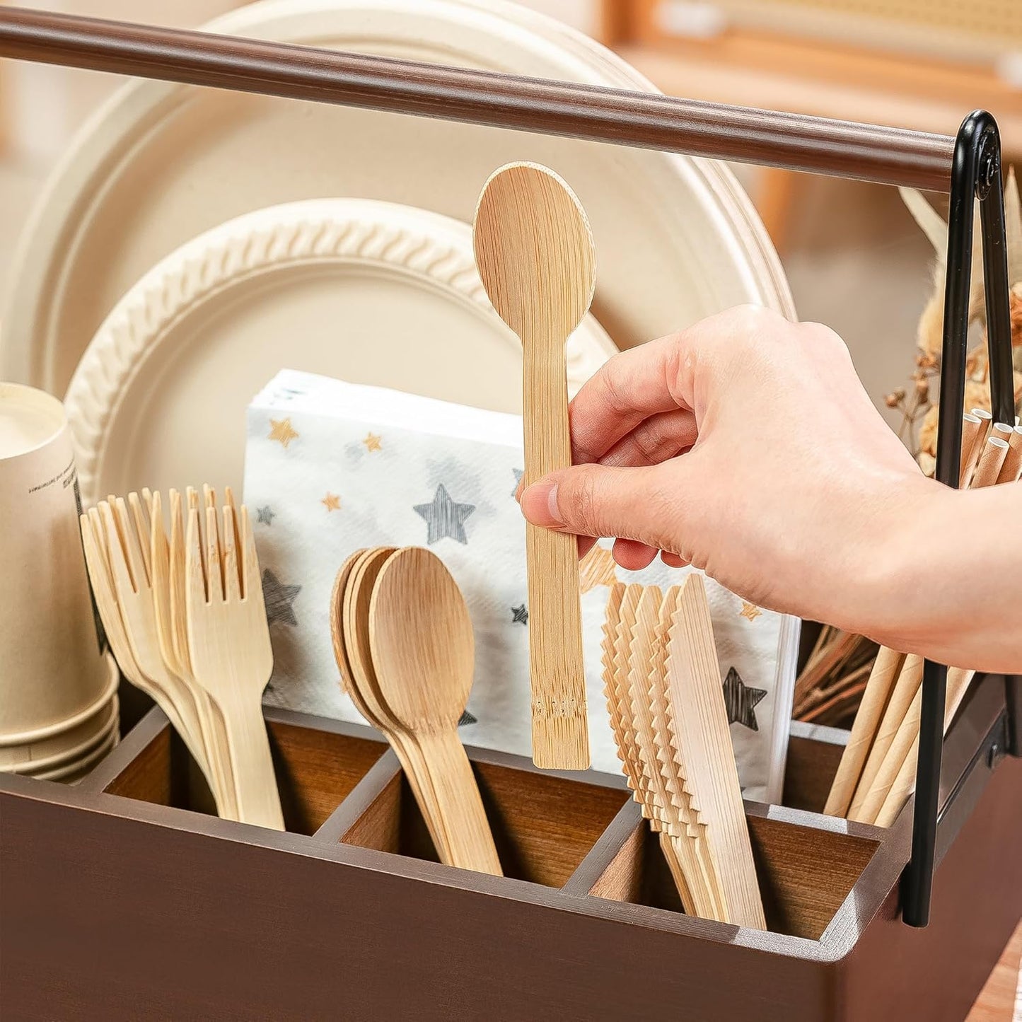 PTSTING Silverware Caddy Black Wood Silverware Holder Paper Plate Dispenser Utensil Caddy Cutlery Flatware Organizer Box for Spoons Forks Plates Napkins
