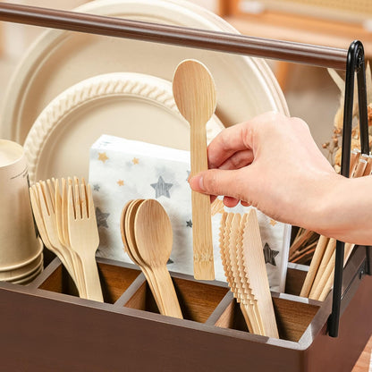 PTSTING Silverware Caddy Black Wood Silverware Holder Paper Plate Dispenser Utensil Caddy Cutlery Flatware Organizer Box for Spoons Forks Plates Napkins