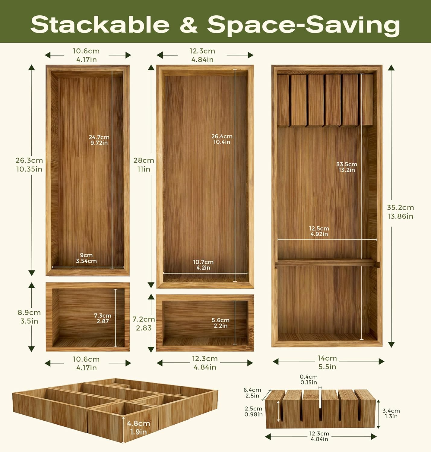 KOCWELL Bamboo Drawer Organizer with Knife Block, 3 Removable Silverware Drawer Organizer Bins - Multi-Use for Kitchen Utensils, Office, Makeup, Tools Storage
