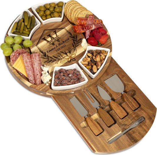 Acacia Cheese Board & Knife Set – Charcuterie Board with Ceramic Bowls, Slide-Out Drawer & Serving Utensils, Perfect for Entertaining – Ideal Gift for Weddings, Housewarming & Holidays