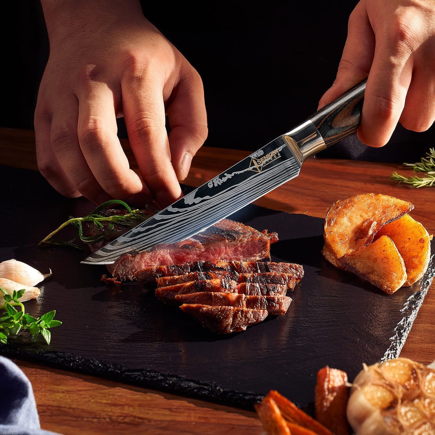 SENKEN Non-Serrated Steak Knife Set with Damascus Pattern - Razor Sharp Straight Edge Blade, Stainless Steel & Wood Handle (Steak Knives Set of 6)
