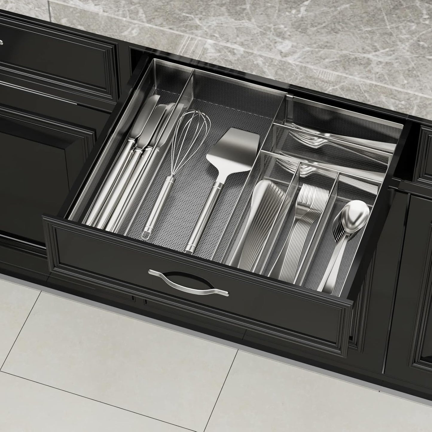 JANE EYRE Utensil Drawer Organizer - Expandable Cutlery Tray, Silverware/Flatware Storage Divider for Kitchen, Mesh Designing with Non-slip Rubber Feet (black)