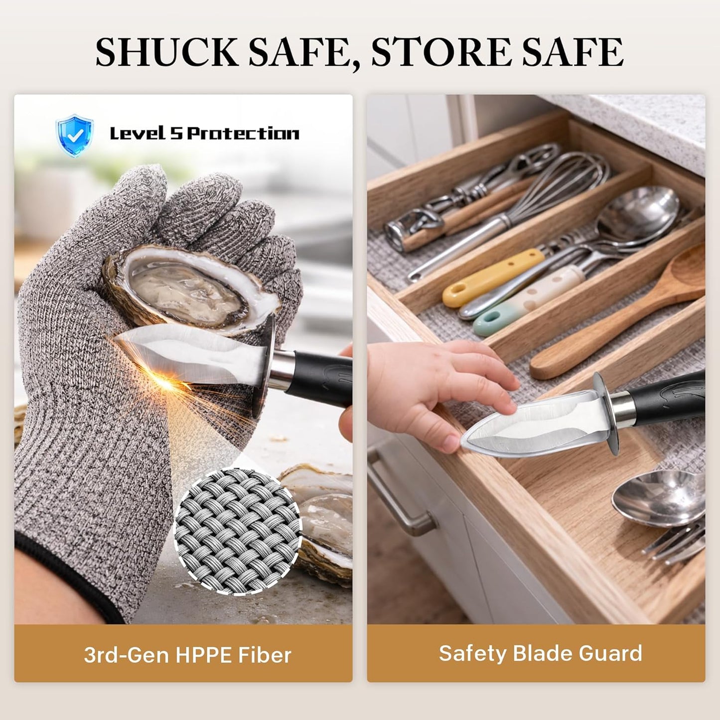 Oyster Shucking Knife Set - 2 Stainless Steel Oyster Shucker and Oyster Shucking Knife with PVC Sheath & 2 Cut Resistant Gloves and Oyster Shucking Kit for All Kinds of Shells, Clam, and Crab