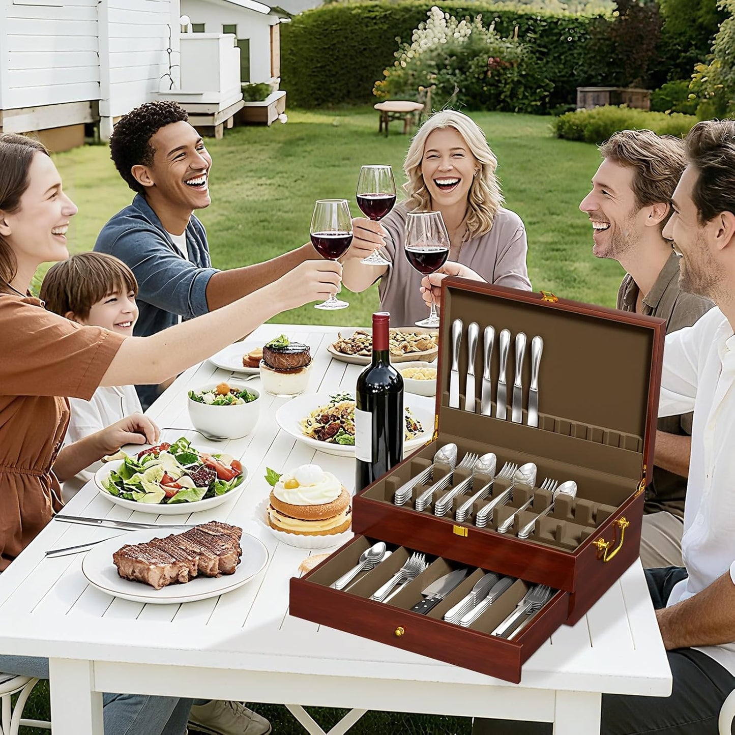 Solid Walnut Silverware Storage Box, 2-Layer Silverware Chest with Drawer, Flatware Case with Lid and Felt Lined, Wood Flatware Storage Box Holds 12-16 Sets of Utensils, Wedding Housewarming Gifts