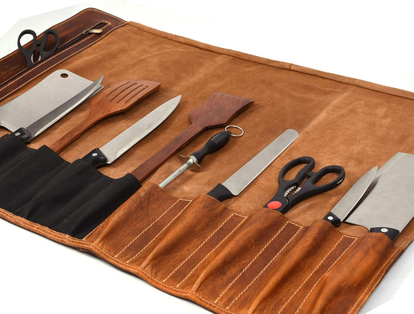 Tolredo Top Grain Buffalo Leather Chef Knife Roll Case 10 Slot and 1 Zipper Pocket for Culinary Storage Portable Bag with Detachable Shoulder Strap (Walnut, 29.5" X 20")