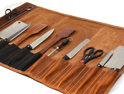 Tolredo Top Grain Buffalo Leather Chef Knife Roll Case 10 Slot and 1 Zipper Pocket for Culinary Storage Portable Bag with Detachable Shoulder Strap (Walnut, 29.5" X 20")