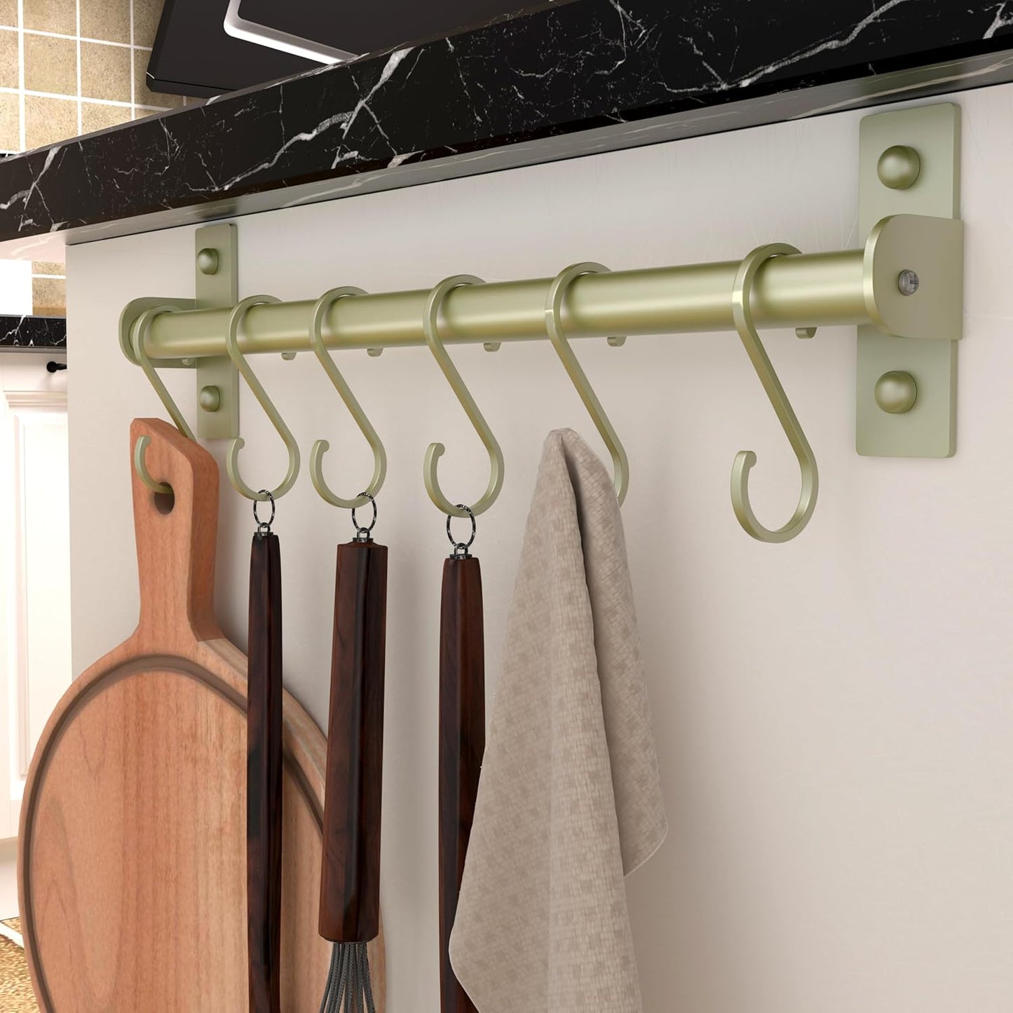 Dseap Kitchen Utensil Holder Hanger, Pot and Pan Rack Wall Mounted, Kitchen Rail with 8 Hooks for Hanging Cooking Utensils, Mugs, Spoons, Wall Mounted, Silver