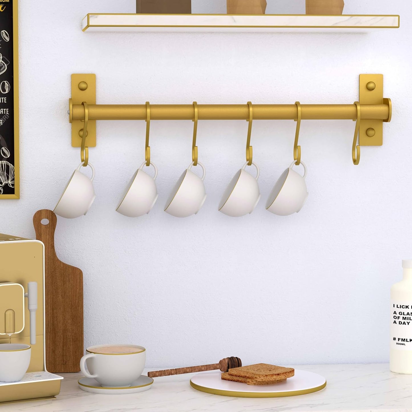Dseap Kitchen Utensil Holder Hanger, Pot and Pan Rack Wall Mounted, Kitchen Rail with 8 Hooks for Hanging Cooking Utensils, Mugs, Spoons, Wall Mounted, Silver