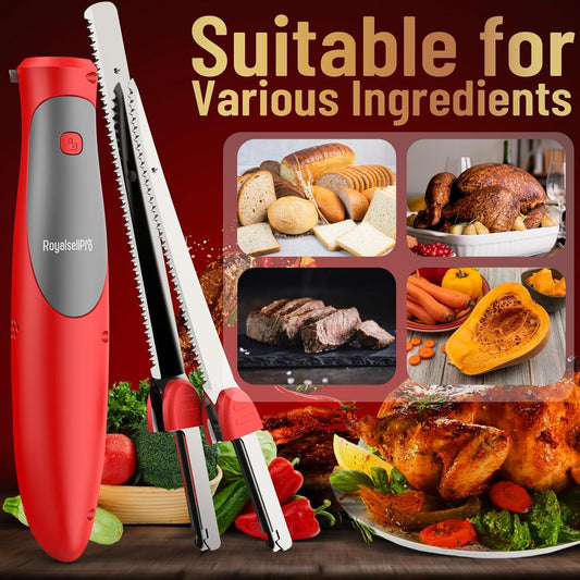 Cordless Electric Knife Easy Slice and Assemble with Storage Case, Serrated Edge Blades Carving Set with Ergonomic Handle and Safety Lock for Turkey, Meat, Bread, Ribs, Fillet and Foam